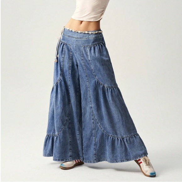 Plus Boho Medium Wash Stretchy Waist Wide Leg Denim Pants - Picture 3 of 5